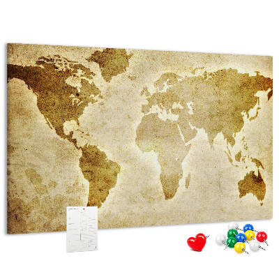 Lavagna di sughero con stampa antica della mappa del mondo in seppia