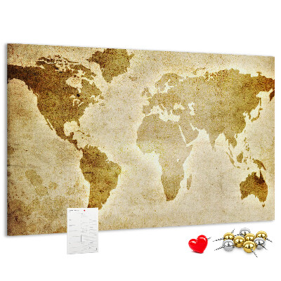 Lavagna di sughero con stampa antica della mappa del mondo in seppia