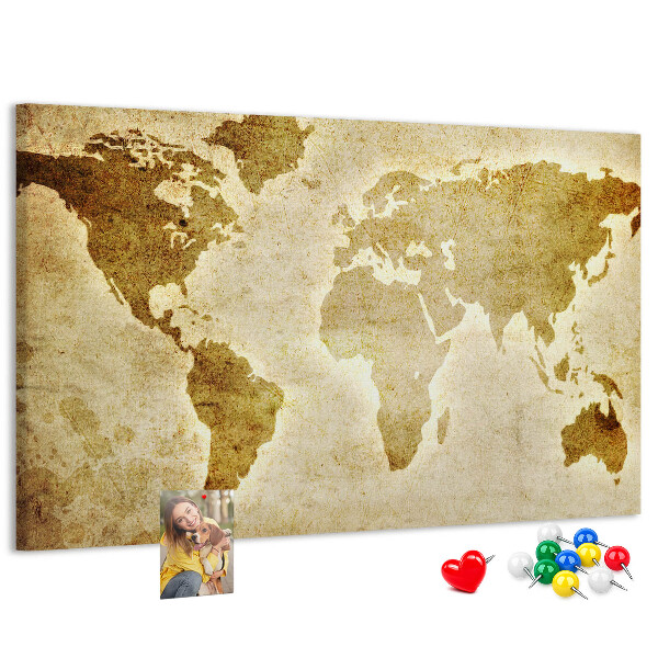 Lavagna di sughero con stampa antica della mappa del mondo in seppia