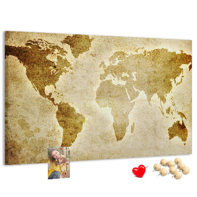 Lavagna di sughero con stampa antica della mappa del mondo in seppia