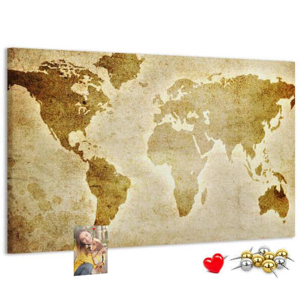 Lavagna di sughero con stampa antica della mappa del mondo in seppia