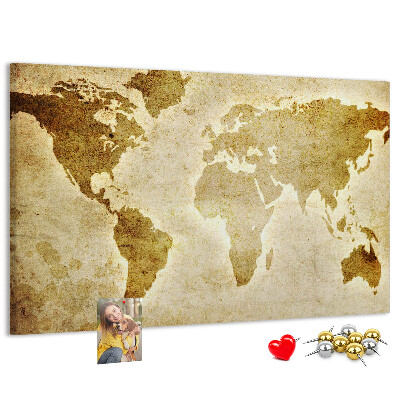 Lavagna di sughero con stampa antica della mappa del mondo in seppia