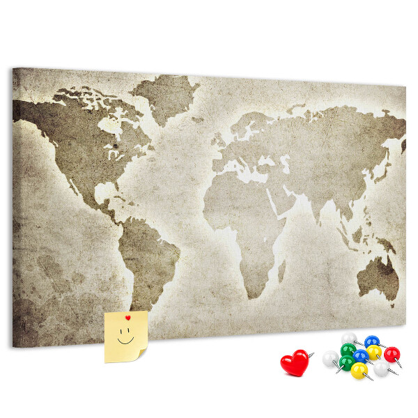 Bacheca in sughero con stampa di una vecchia mappa del mondo sullo sfondo
