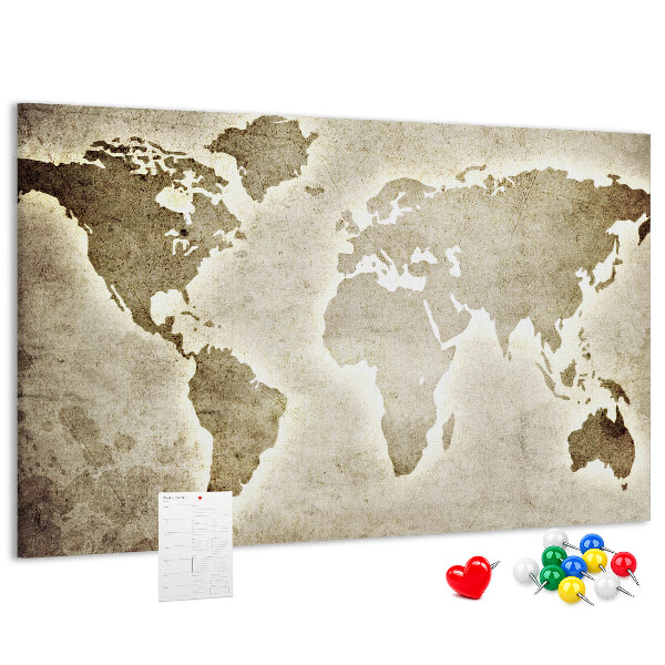 Bacheca in sughero con stampa di una vecchia mappa del mondo sullo sfondo