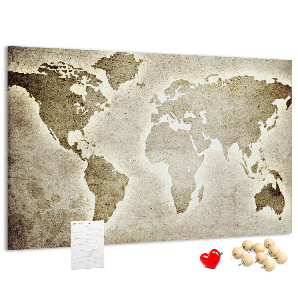 Bacheca in sughero con stampa di una vecchia mappa del mondo sullo sfondo