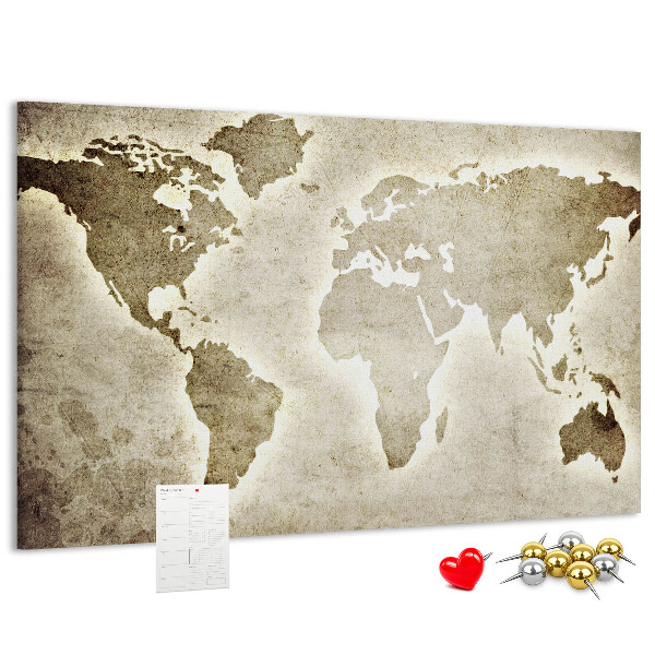 Bacheca in sughero con stampa di una vecchia mappa del mondo sullo sfondo