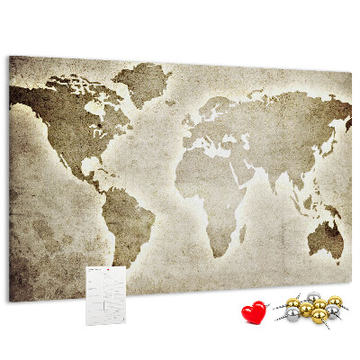 Bacheca in sughero con stampa di una vecchia mappa del mondo sullo sfondo