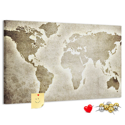 Bacheca in sughero con stampa di una vecchia mappa del mondo sullo sfondo