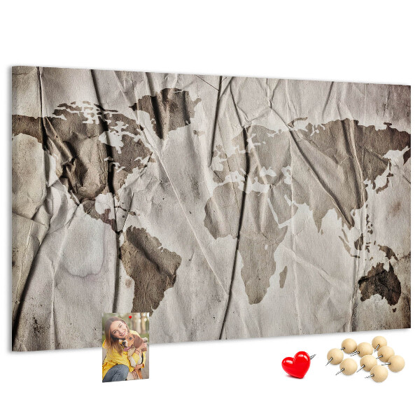 Bacheca in sughero mappa del mondo con effetto carta rovinata