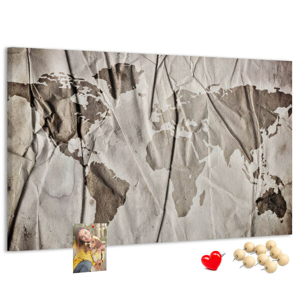 Bacheca in sughero mappa del mondo con effetto carta rovinata