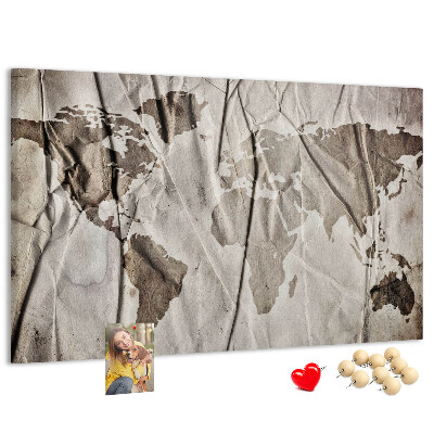 Bacheca in sughero mappa del mondo con effetto carta rovinata
