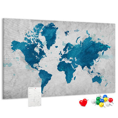Bacheca in sughero con incisione di una mappa del mondo in diverse tonalità di blu