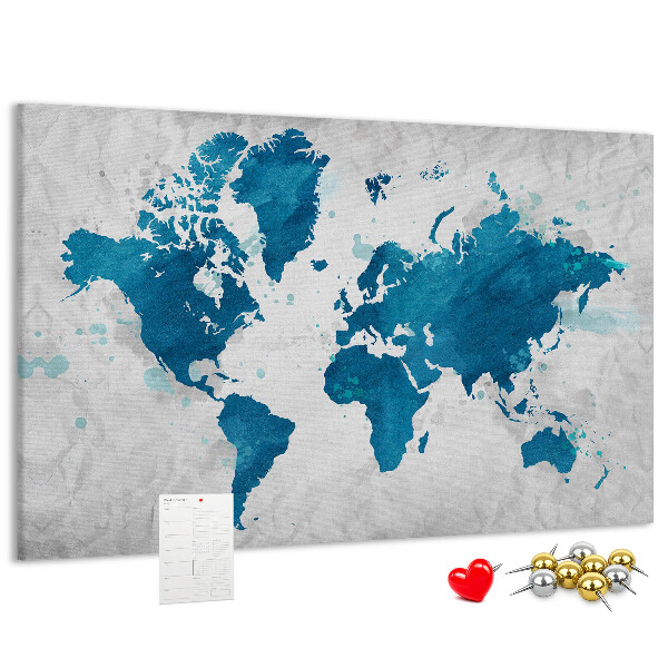 Bacheca in sughero con incisione di una mappa del mondo in diverse tonalità di blu