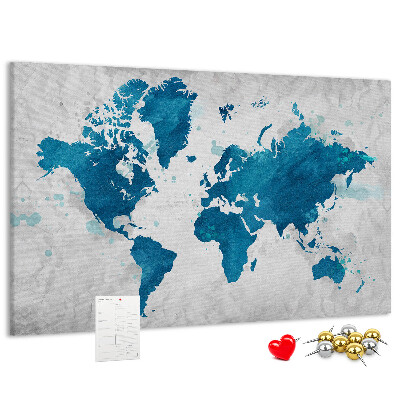 Bacheca in sughero con incisione di una mappa del mondo in diverse tonalità di blu