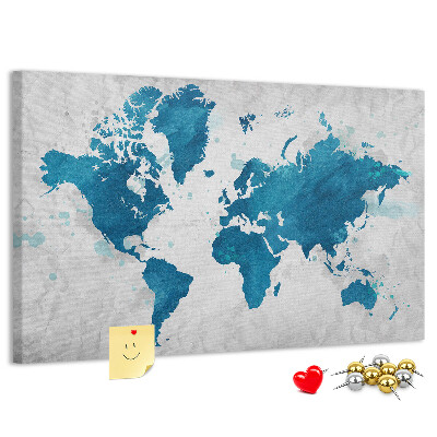 Bacheca in sughero con incisione di una mappa del mondo in diverse tonalità di blu