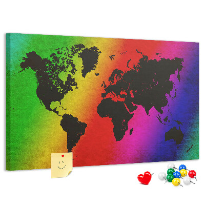 Bacheca in sughero mappa del mondo arcobaleno su sfondo colorato