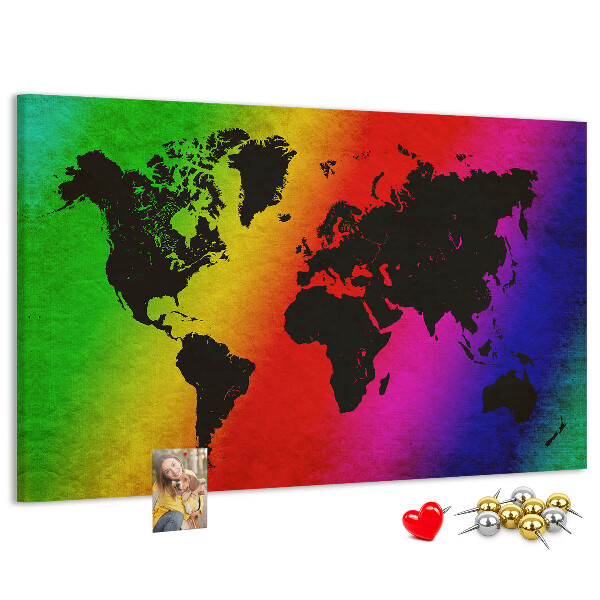 Bacheca in sughero mappa del mondo arcobaleno su sfondo colorato