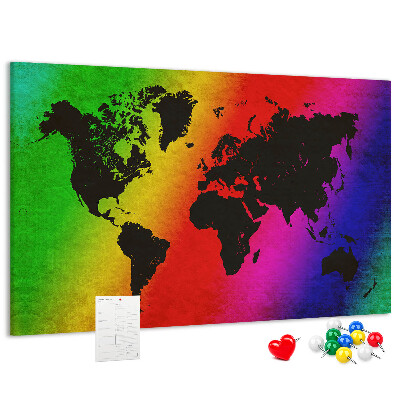 Bacheca in sughero mappa del mondo arcobaleno su sfondo colorato