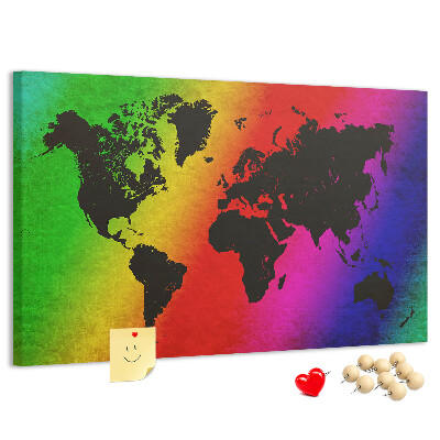Bacheca in sughero mappa del mondo arcobaleno su sfondo colorato