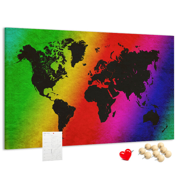 Bacheca in sughero mappa del mondo arcobaleno su sfondo colorato