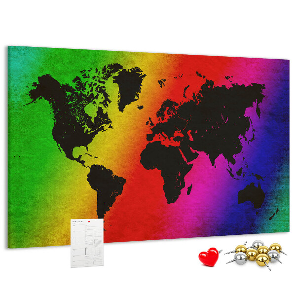 Bacheca in sughero mappa del mondo arcobaleno su sfondo colorato