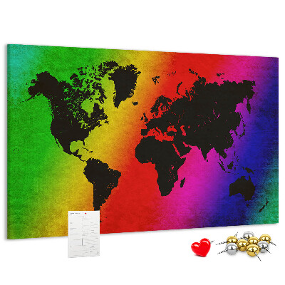 Bacheca in sughero mappa del mondo arcobaleno su sfondo colorato