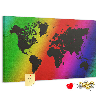Bacheca in sughero mappa del mondo arcobaleno su sfondo colorato