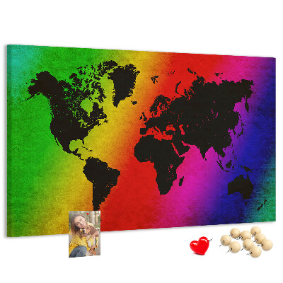 Bacheca in sughero mappa del mondo arcobaleno su sfondo colorato