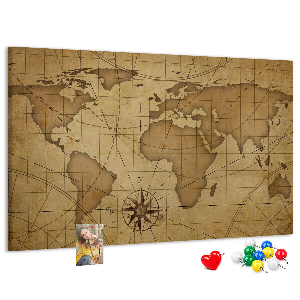 Bacheca in sughero mappa del mondo antico con bussola