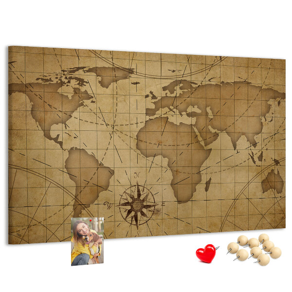 Bacheca in sughero mappa del mondo antico con bussola