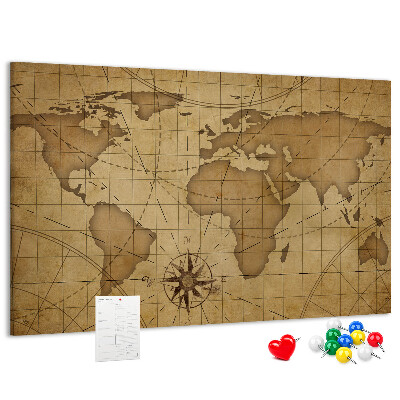 Bacheca in sughero mappa del mondo antico con bussola