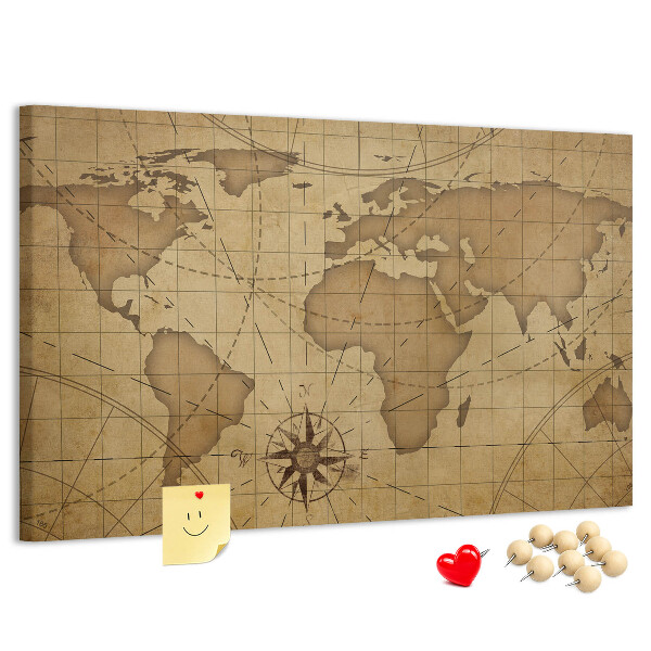 Bacheca in sughero mappa del mondo antico con bussola
