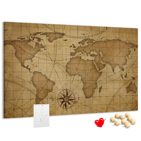 Bacheca in sughero mappa del mondo antico con bussola
