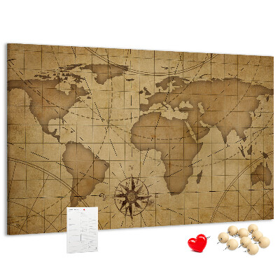 Bacheca in sughero mappa del mondo antico con bussola