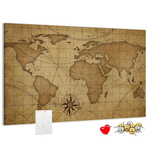 Bacheca in sughero mappa del mondo antico con bussola