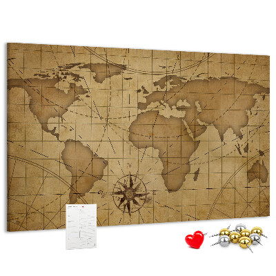 Bacheca in sughero mappa del mondo antico con bussola