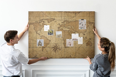 Bacheca in sughero mappa del mondo antico con bussola