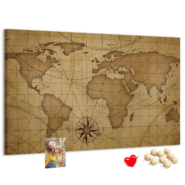 Bacheca in sughero mappa del mondo antico con bussola