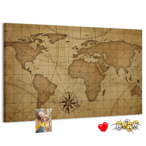 Bacheca in sughero mappa del mondo antico con bussola