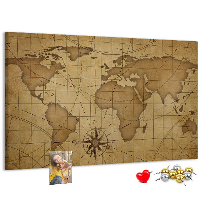 Bacheca in sughero mappa del mondo antico con bussola