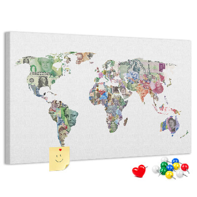 Lavagna di sughero mappa del mondo decorativa con banconote internazionali