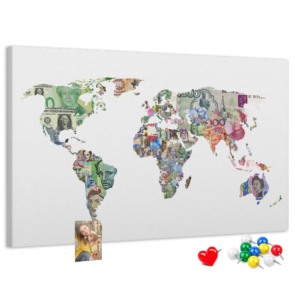Lavagna di sughero mappa del mondo decorativa con banconote internazionali