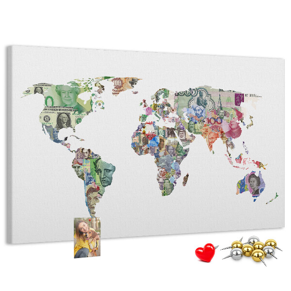 Lavagna di sughero mappa del mondo decorativa con banconote internazionali