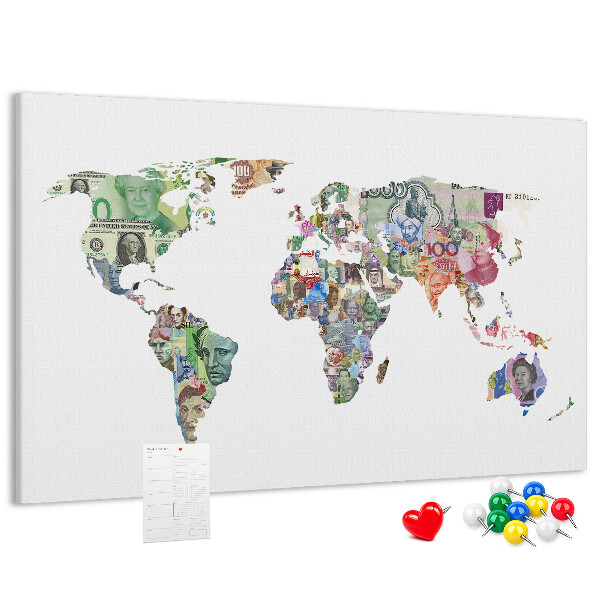 Lavagna di sughero mappa del mondo decorativa con banconote internazionali