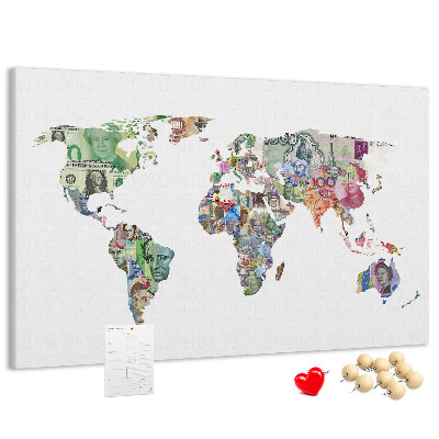 Lavagna di sughero mappa del mondo decorativa con banconote internazionali