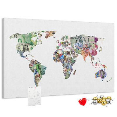 Lavagna di sughero mappa del mondo decorativa con banconote internazionali