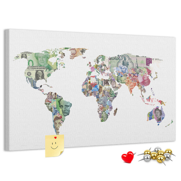Lavagna di sughero mappa del mondo decorativa con banconote internazionali