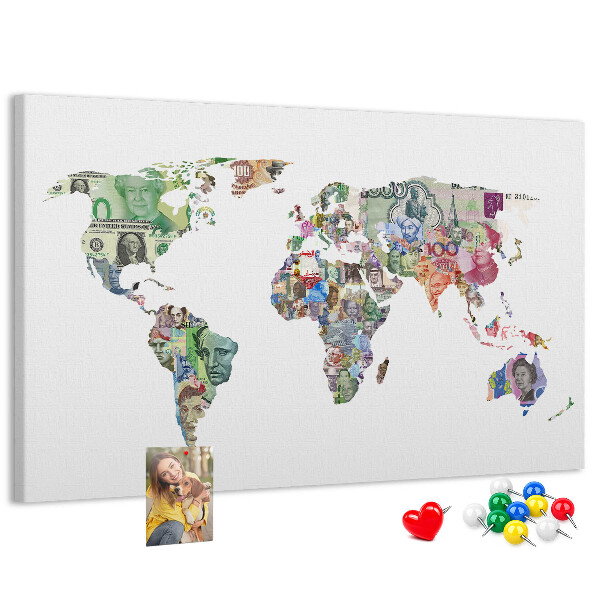 Lavagna di sughero mappa del mondo decorativa con banconote internazionali