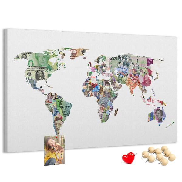 Lavagna di sughero mappa del mondo decorativa con banconote internazionali