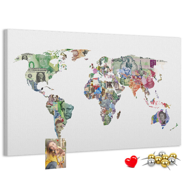 Lavagna di sughero mappa del mondo decorativa con banconote internazionali